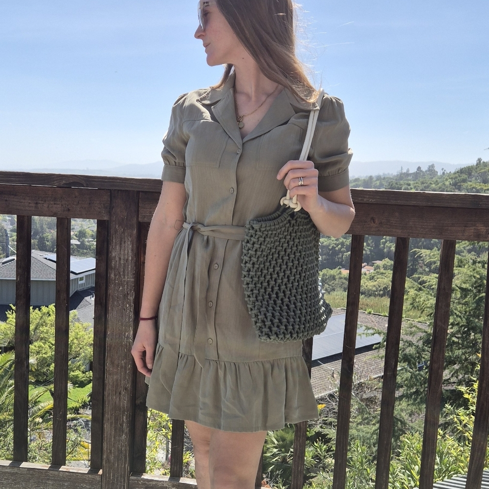Paige Olive Shirt Dress Small Tie Waist Button Front Ruffle Hem Lightweight